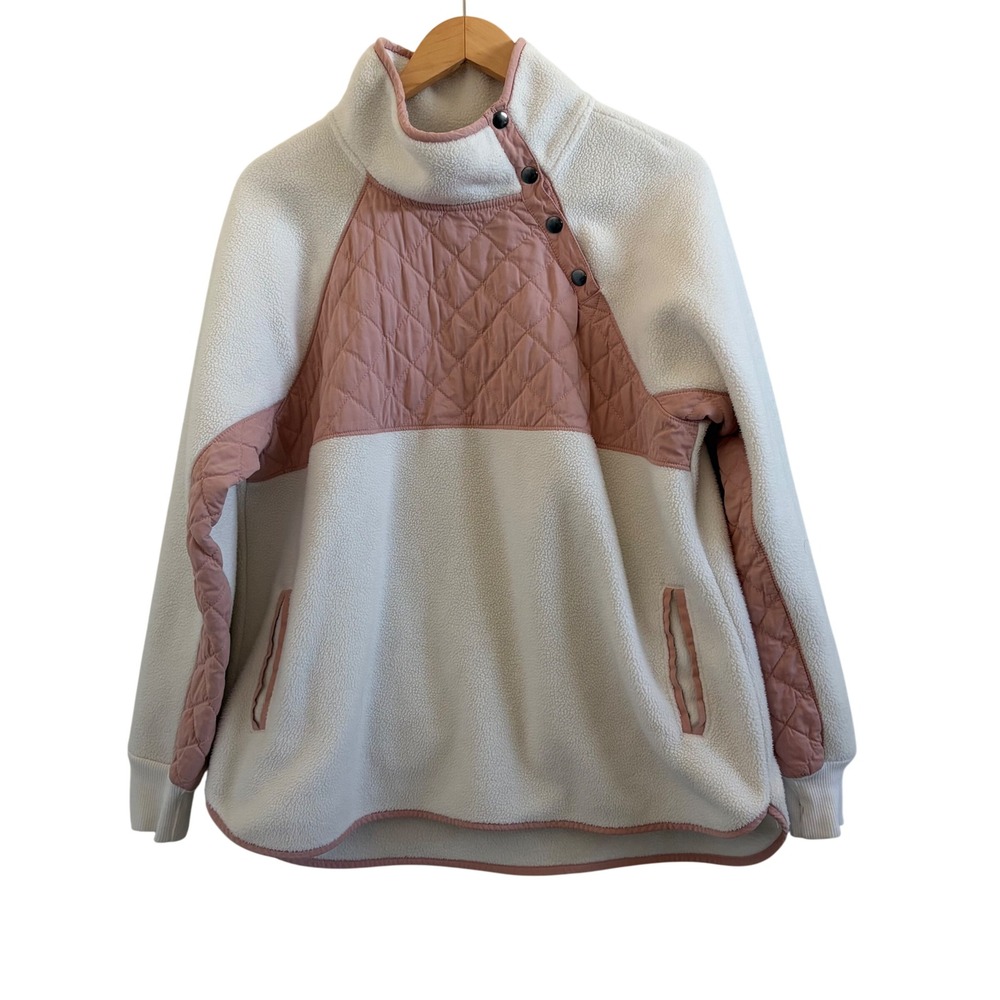 Abercrombie & Fitch Asymmetric Snap Quilted Fleece Pullover Cream Pink XL